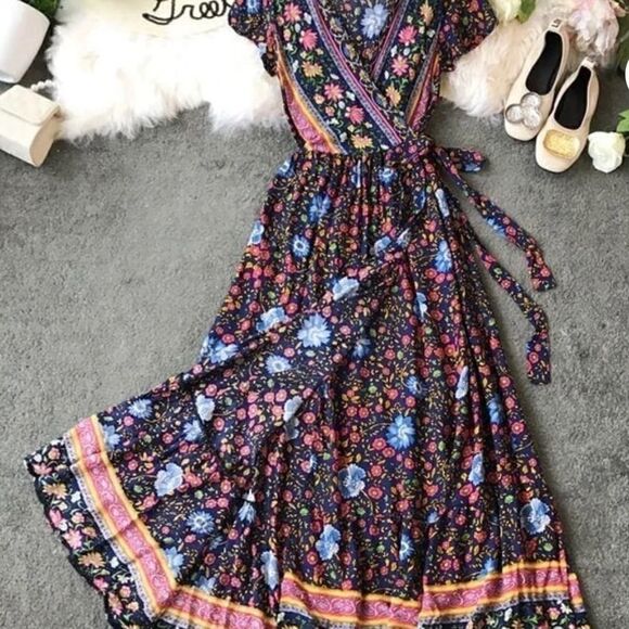 Bohemian Floral Tribal Print Maxi Dress Blue - Picture 4 of 9